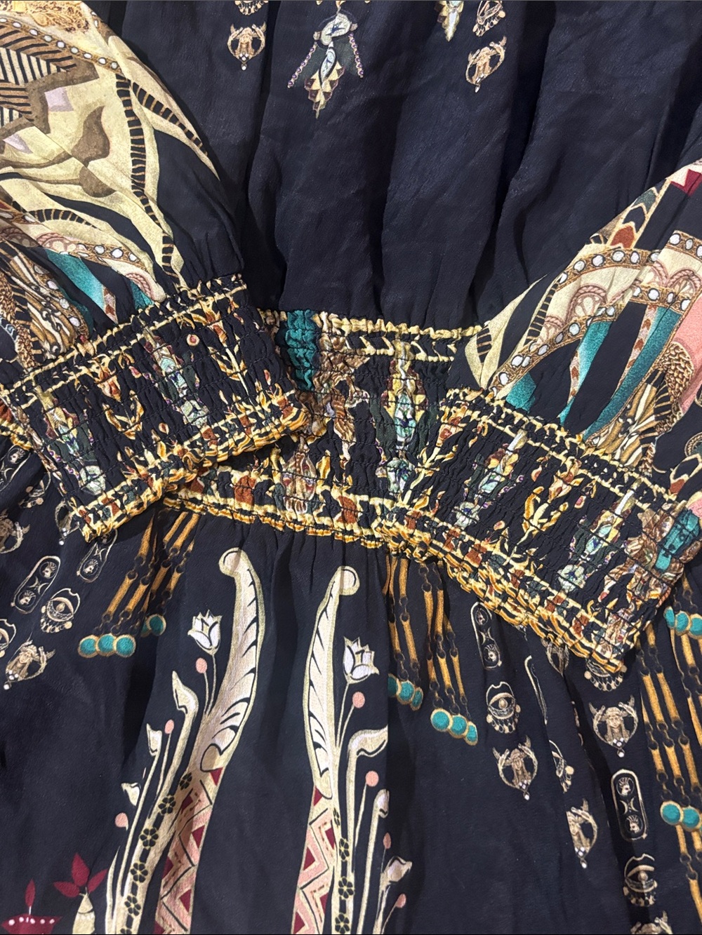 Camilla off the shoulder printed silk crepe de chine mini dress smocked gemstone - Picture 8 of 16